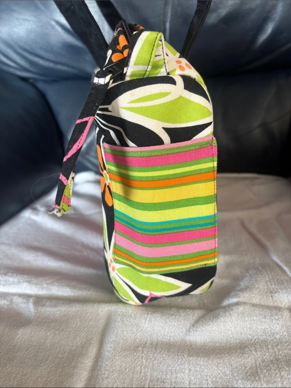 Black Floral Tote Bag with Pink Accent - Handbag with matching makeup clutch